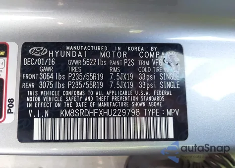 2017 Hyundai Santa Fe Se Ultimate from USA, damaged, VIN KM8SRDHFXHU229798